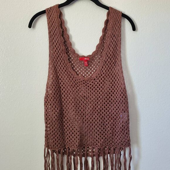 Bongo Fringe Sweater Women's XL Brown Sleeveless Open Crochet Hippie Boho - Picture 2 of 6